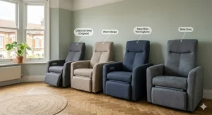 A range of four compact massage chairs displayed in charcoal grey, warm beige, navy blue herringbone, and slate grey fabric options.