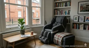 Detailed cutaway diagram highlighting the sound-absorbing insulation around a massage chair motor for whisper-quiet 42dB operation in a flat.