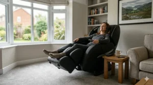 A person relaxing in a black massage chair after work, highlighting the comfort of affordable home wellness.