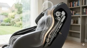 A photorealistic cutaway illustration of an S-track massage chair roller path, showing how the mechanism follows the natural S-curve of the human spine from the neck to the lower back.
