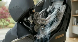 A detailed view of the SL-track guide system demonstrating how the massage rollers follow the natural curvature of the spine from the neck to the glutes.