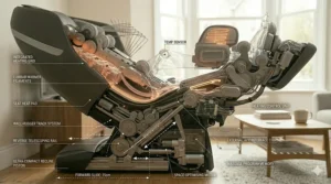 A comprehensive technical illustration showing the interaction between the heating control unit, app interface chip, and recline motors.