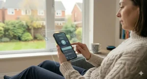 A user customising their massage programme and intensity via a smartphone app connected to a smart AI chair.