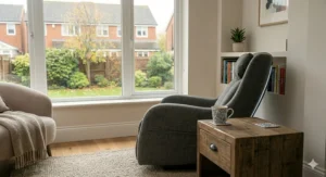 A compact AI massage chair positioned flush against a wall in a modern British lounge to demonstrate space-saving design.