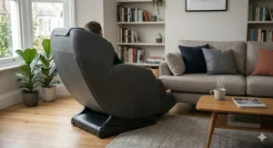Top-down view showing a space-saving massage chair sliding forward to recline, ideal for smaller UK homes and flats.