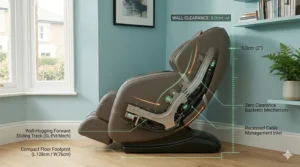 Technical illustration demonstrating the 5cm wall clearance and forward-sliding track of a space-saving massage chair.