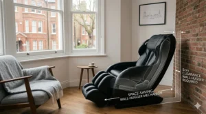 A diagram showing a space-saving massage chair sliding forward to recline without hitting the wall.