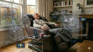 Comparison graphic showing the precision of body scanning technology versus a standard fixed-roller chair.