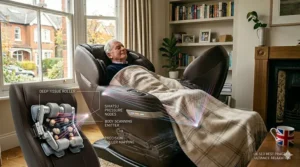 Illustration of a person relaxing in a massage chair after work, highlighting stress relief and wellbeing.