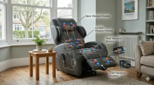 Diagram showing the placement of vibration massage nodes in an affordable armchair.