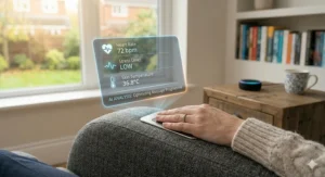 A user in a cable-knit jumper giving voice commands to an AI powered massage chair for a hands-free wellness experience.