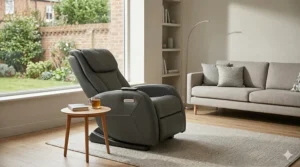 Diagram demonstrating the wall-hugging feature of an L-track massage chair, ideal for smaller UK semi-detached homes.