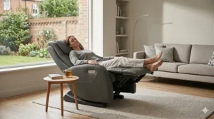 Illustration of a user in the zero-gravity position on an L-track chair to reduce spinal pressure.