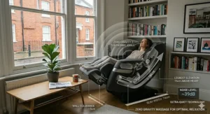 Illustration of the zero-gravity position on a compact massage chair showing the 128-degree recline angle and leg elevation above the heart for optimal relaxation.