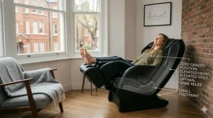 A person enjoying a zero-gravity massage in a compact chair designed for limited floor space.