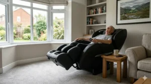 An illustration of the zero-gravity recline position on a budget-friendly massage chair to improve circulation.