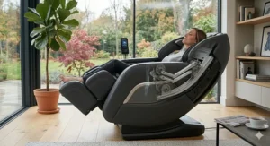 A side-profile view of the 4D massage chair in the zero-gravity recline position to help alleviate spinal pressure and improve user comfort.