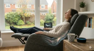 Photorealistic side profile of a user in the zero gravity recline position on an AI chair to improve circulation.
