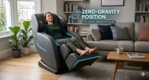 Illustration of a user in the zero-gravity reclined position on an affordable 3D massage chair to reduce spinal pressure.