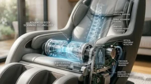 A close-up schematic of internal body-scanning sensors that customise the massage experience based on the user's height and spinal curvature.
