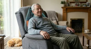 Photorealistic illustration of the AI body scanning phase, where sensor lights trace the user's form to tailor the massage path within a British home setting.