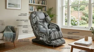 Technical illustration showing the strategic placement of compression airbags for shoulder, arm, and calf massage.