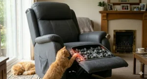 Close-up of the anti-pinch safety sensors at the chair's base, demonstrating protection for pets and grandchildren in a domestic environment.