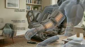Supporting graphic of a user’s arm inside the massage chair sleeve being massaged by rhythmic air compression.