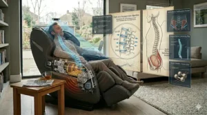 A digital graphic showing the automatic body scanning feature that adjusts massage rollers to the user’s height and spinal curvature for precise lower back targeting.