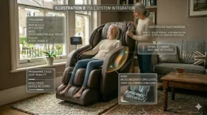 Conceptual illustration of AI sensors scanning a person's height and spine curvature for a personalised massage experience.