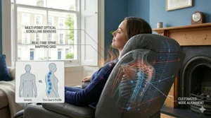 A technical infographic using a skeletal overlay to show how automatic optical sensors perform real-time spine mapping to customise the massage node alignment.