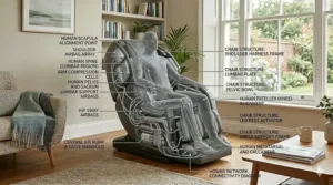 Diagram of an airbag massage chair performing a body scan to personalise the massage for different heights and builds.