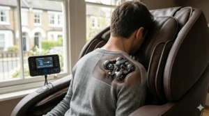 Close-up illustration of massage chair rollers targeting the neck and shoulders to relieve tension.