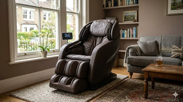 A luxury reclining massage chair in a modern British living room with soft natural light and comfortable domestic styling. best massage chair