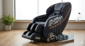 A sleek charcoal grey full-body massage chair with foot rollers, highlighting high-quality home wellness options under £2000.
