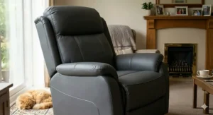 A high-detail close-up of the breathable charcoal grey synthetic leather upholstery, highlighting the micro-perforation and premium matte finish.