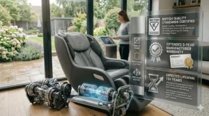 A checklist icon highlighting British quality standards, manufacturer warranties, and the expected lifespan of high-end massage furniture.
