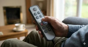 A close-up, photorealistic view of an elderly hand holding a massage chair remote with large, clearly labelled buttons and backlit indicators for ease of use.