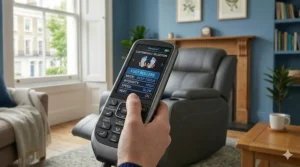 A close-up of an ergonomic remote control with a backlit screen showing customiseable settings for foot roller mode, intensity, speed, and heat.