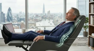 A technical illustration showing the adjustable lumbar support and headrest of an office massage chair, designed to improve posture for UK professionals.