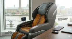 A high-resolution, photorealistic 4K close-up of a mahogany desk next to a leather executive massage chair, featuring a steaming ceramic mug with an elegant pattern and a neatly folded Financial Times newspaper under soft, natural light in a London corporate office setting.