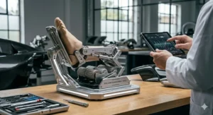 A user’s feet positioned in the enclosed foot-well of a massage chair, showing the reflexology rollers and digital 'Foot Zone' control interface.