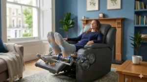 A close-up technical diagram of the internal foot rollers providing deep-tissue reflexology massage to the soles of the feet, featuring blue LED indicators for pressure points.