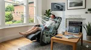 A high-quality schematic of the AI body scanning sensor array, featuring 3D spinal mapping technology that customises the massage path to the user's specific muscle tension zones.