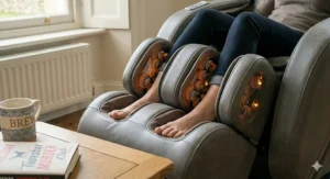 Detailed view of the enclosed foot and calf massager unit with heated rollers and reflexology pressure points.