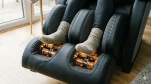 Close-up of the integrated foot unit featuring heated rollers designed for targeted reflexology and sole pressure point relief.