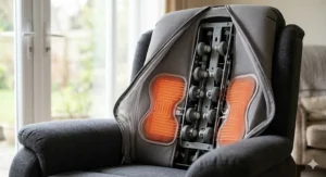 A technical 4K close-up showing the integrated, glowing heated lumbar pads and complex internal mechanisms built into the lower backrest of a grey massage chair.
