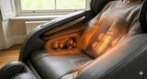 Close-up illustration of the lumbar heating zones on a massage chair, highlighting the infrared thermal pads designed for back pain relief.