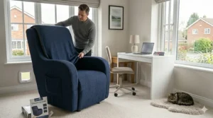 A man demonstrating how to fit a flexible fabric cover over a high-back massage chair in a domestic setting.