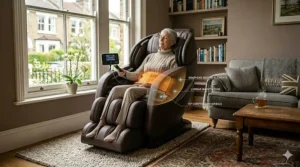 Detailed view of the footrest unit featuring compression airbags and rollers for lower leg recovery.